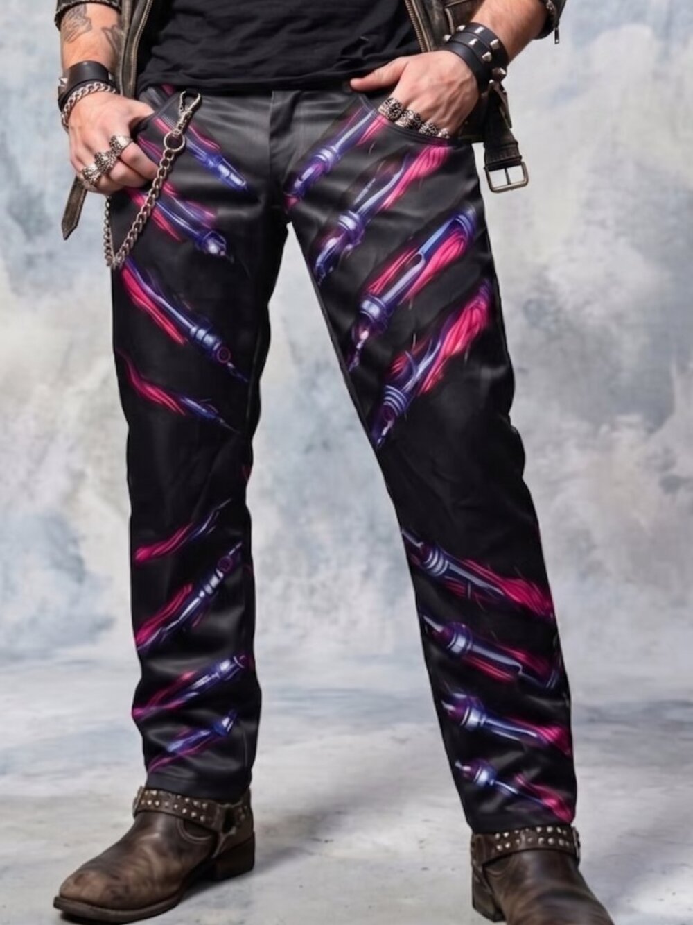 Cyberpunk Bio Mech Jean Style Pants Size 34 waist Black Graffiti Tattoo Rocker